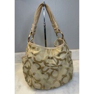 COACH Op Art Parker Beige Signature Sateen Canvas & Leather Shoulder Bag 13427